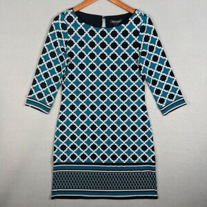 White House Black Market Black Teal Geometric Pattern Shift Dress Mod Retro